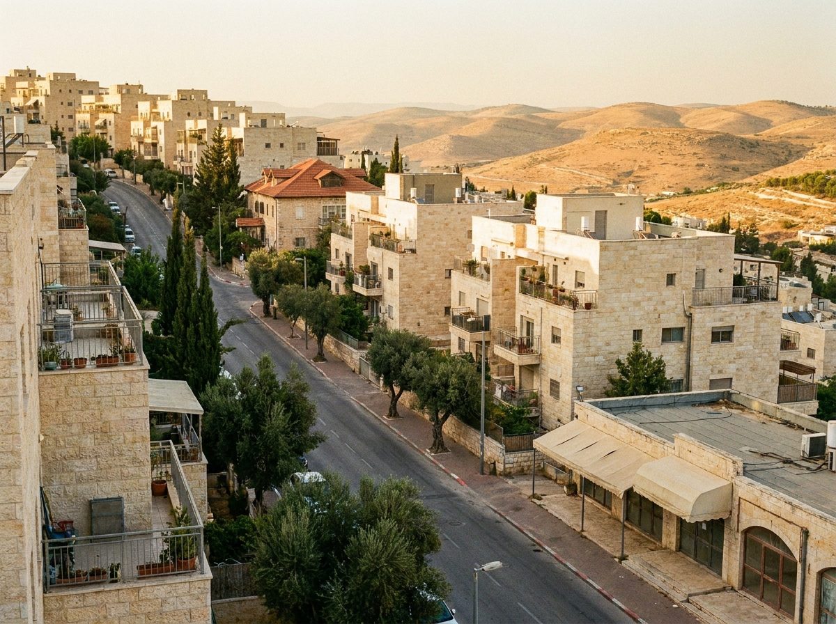 Illustration of a sloping street of stone apartment buildings in Ramat Beit Shemesh Aleph